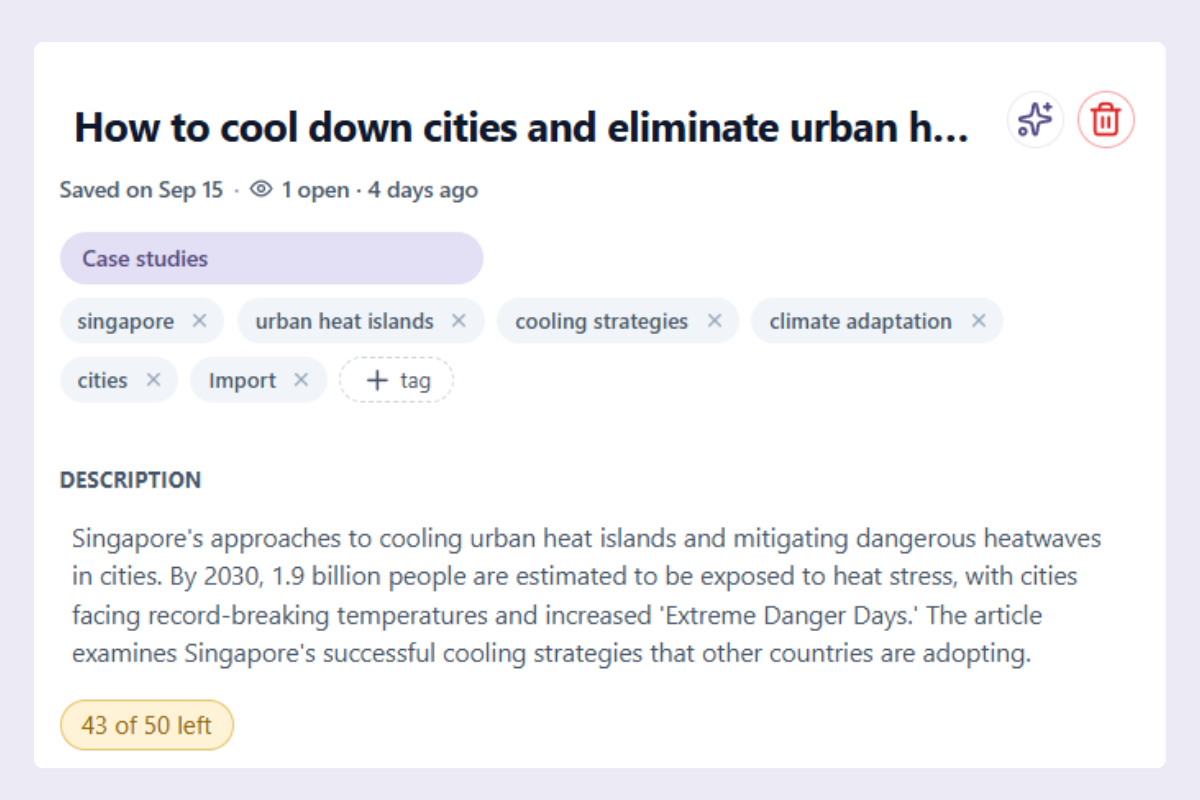 A saved bookmark showing its description, tag chips, and the category it was filed into.