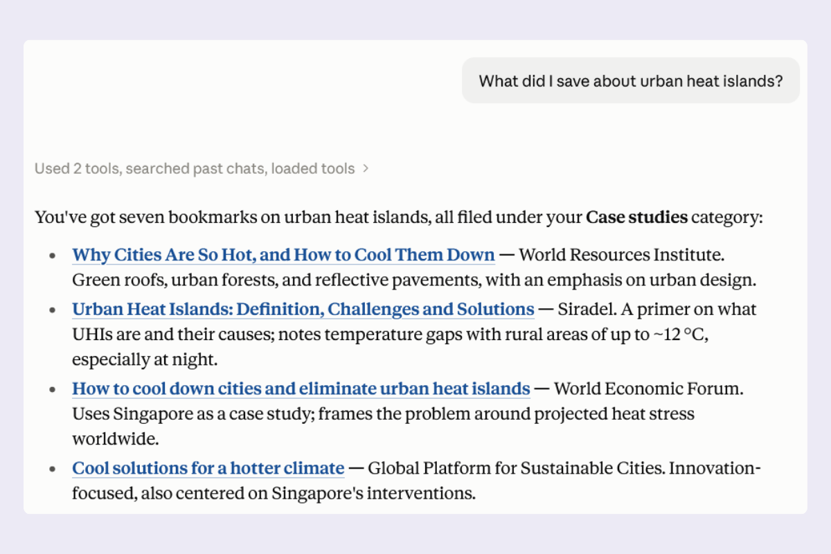 A Claude conversation whose reply lists three bookmarks found in the library.