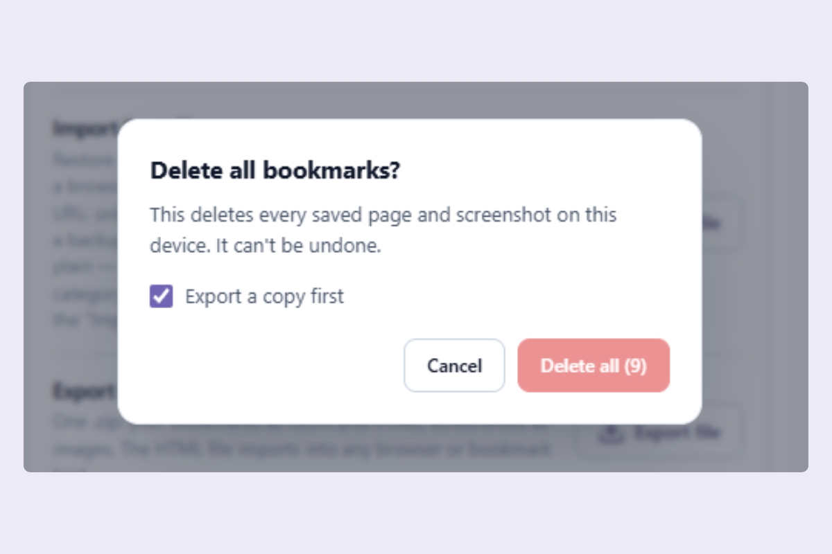 A delete dialogue offering to export a copy before anything is deleted.