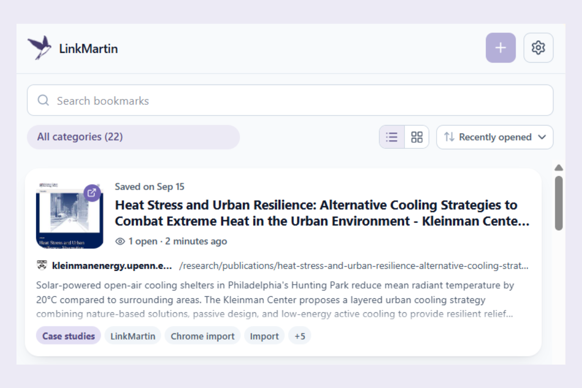 The LinkMartin library: bookmarks as tiles, with search at the top and categories to filter by.