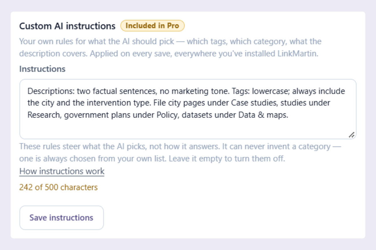 The AI card in settings, with a custom instruction typed in and a saved key shown masked.