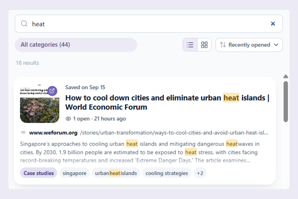 A library search with the typed word highlighted in a description and again in a tag chip.