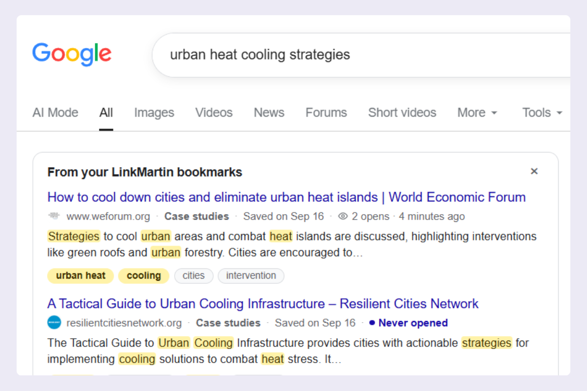 A Google results page with a LinkMartin card of matching saved pages above the first result.